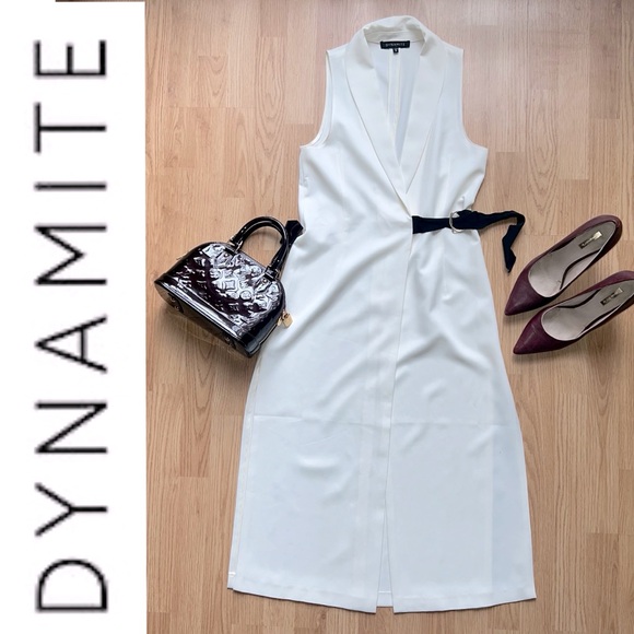 Dynamite white tuxedo wrap tunic/vest with black ribbon waist tie - Picture 1 of 8